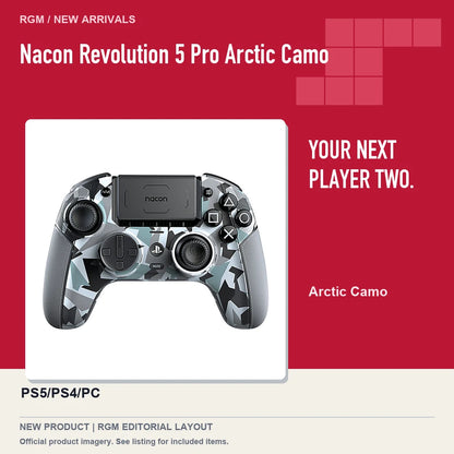 Nacon Revolution 5 Pro Arctic Camo, red editorial product layout.