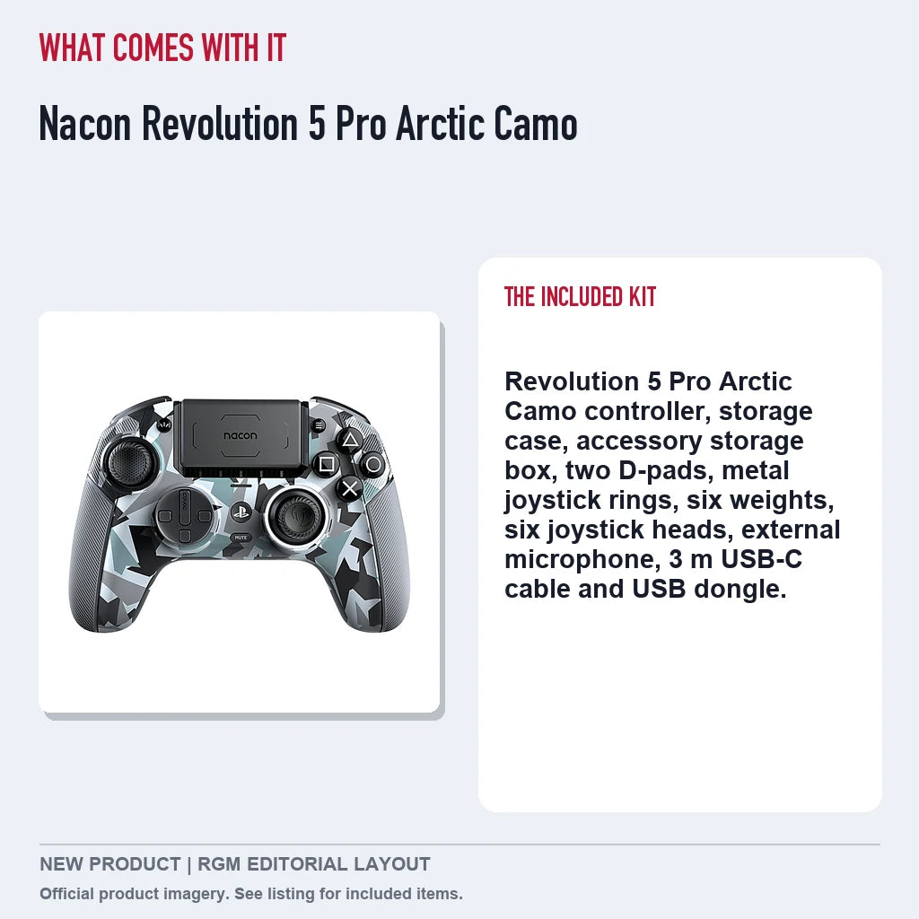 Nacon Revolution 5 Pro Arctic Camo, included contents guide.