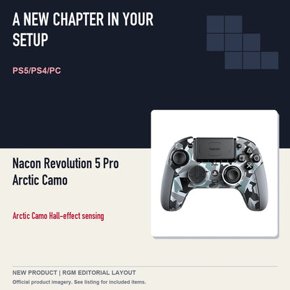 Nacon Revolution 5 Pro Arctic Camo, editorial gaming setup layout.