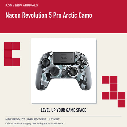 Nacon Revolution 5 Pro Arctic Camo, retro pixel product showcase.