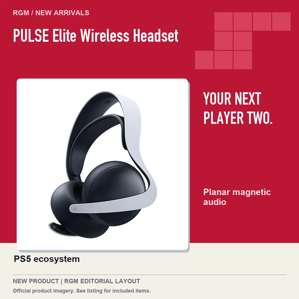 PULSE Elite Wireless Headset, red editorial product layout.
