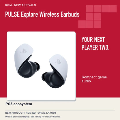 PULSE Explore Wireless Earbuds, red editorial product layout.