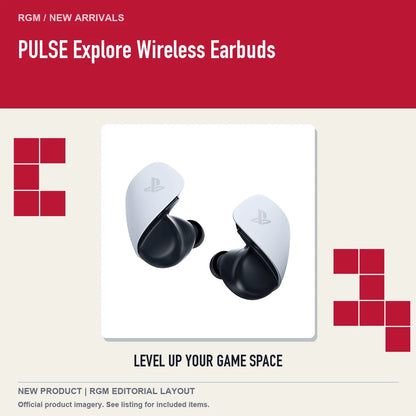 PULSE Explore Wireless Earbuds, retro pixel product showcase.