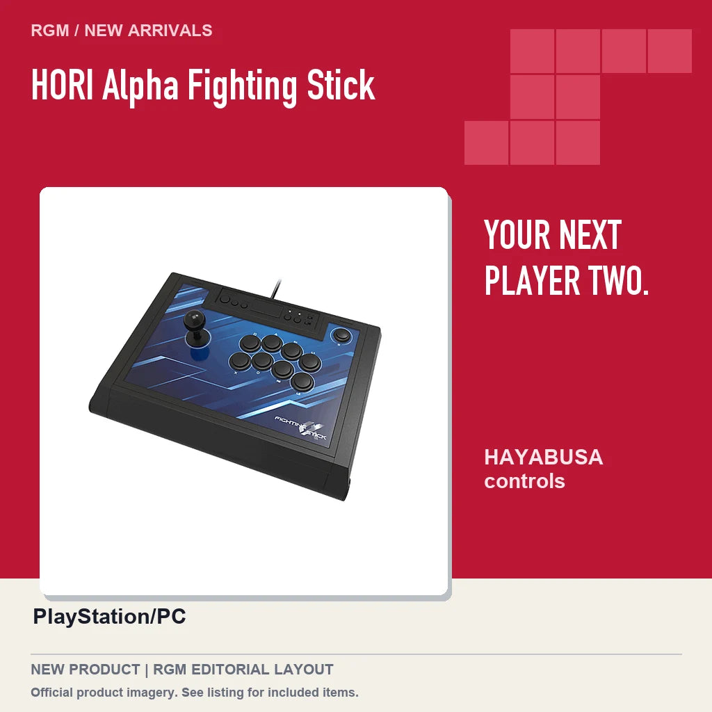 HORI Alpha Fighting Stick, red editorial product layout.