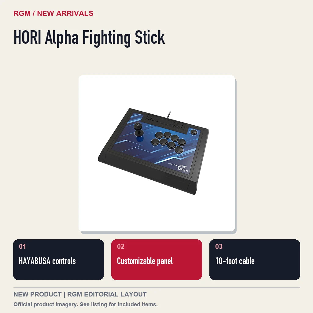 HORI Alpha Fighting Stick, three feature highlights.