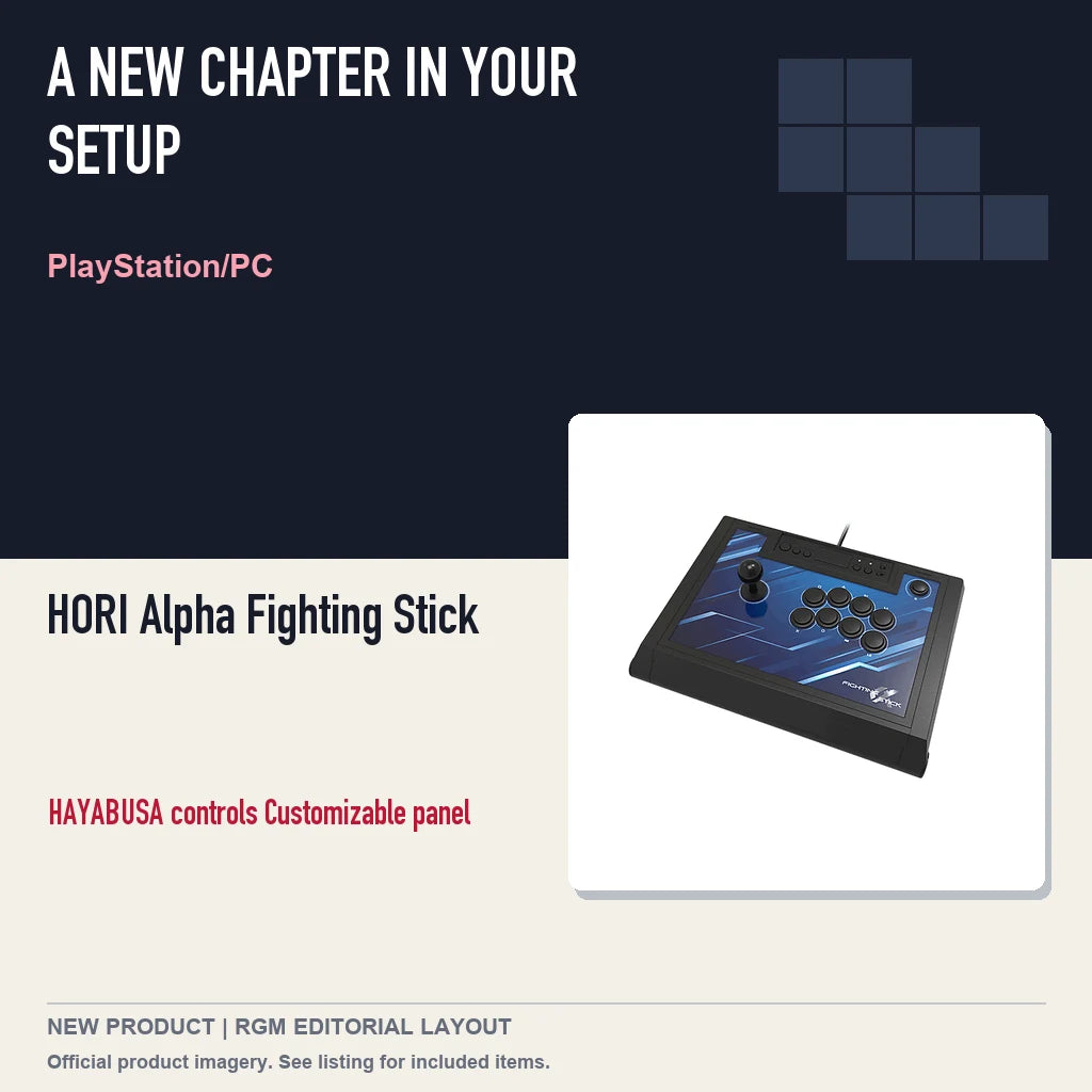 HORI Alpha Fighting Stick, editorial gaming setup layout.