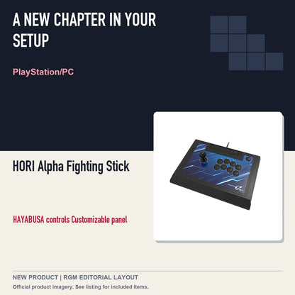 HORI Alpha Fighting Stick, editorial gaming setup layout.