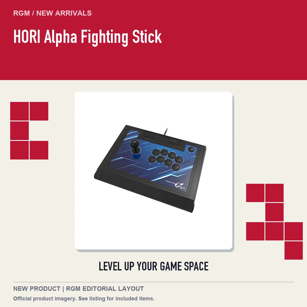 HORI Alpha Fighting Stick, retro pixel product showcase.