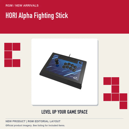 HORI Alpha Fighting Stick, retro pixel product showcase.
