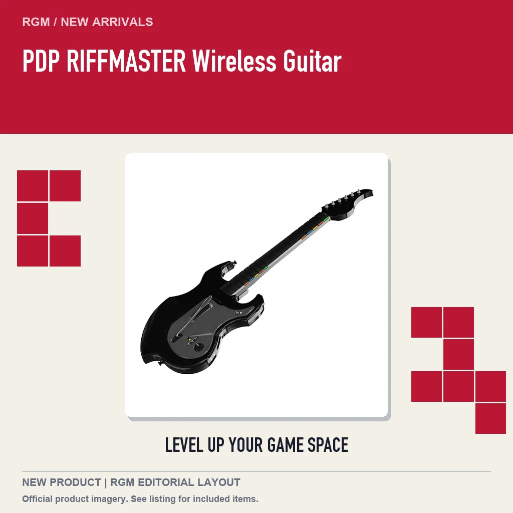 PDP RIFFMASTER Wireless Guitar, retro pixel product showcase.
