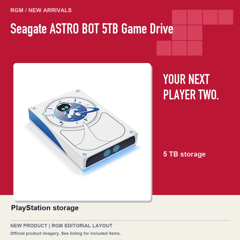 Seagate ASTRO BOT 5TB Game Drive, red editorial product layout.