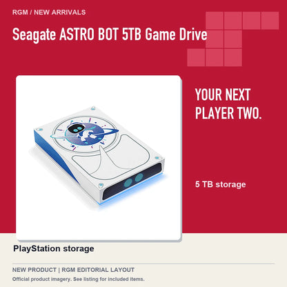 Seagate ASTRO BOT 5TB Game Drive, red editorial product layout.