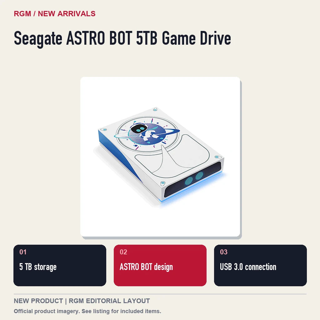 Seagate ASTRO BOT 5TB Game Drive, three feature highlights.