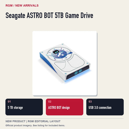Seagate ASTRO BOT 5TB Game Drive, three feature highlights.