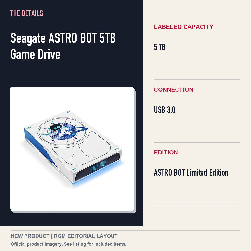 Seagate ASTRO BOT 5TB Game Drive, specifications and product image.