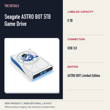 Seagate ASTRO BOT 5TB Game Drive, specifications and product image.