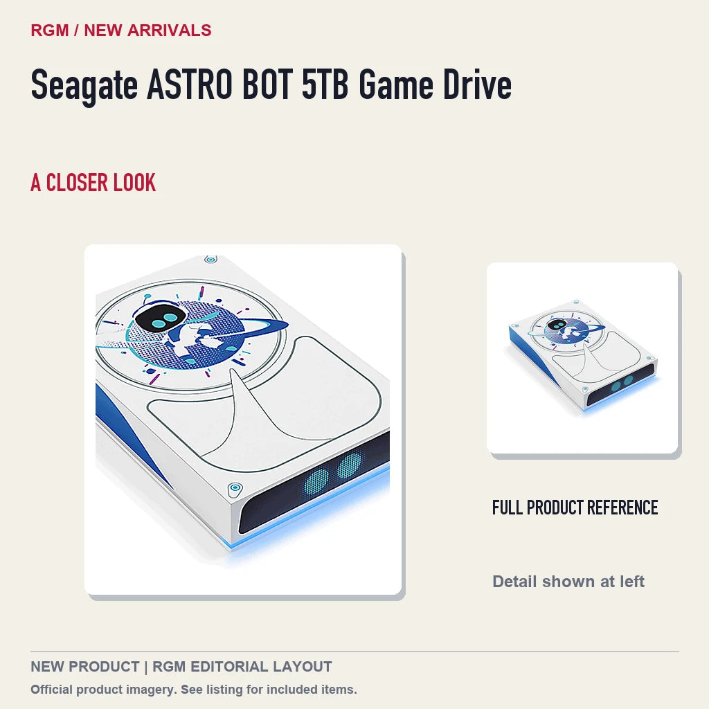 Seagate ASTRO BOT 5TB Game Drive, full product reference with detail crop.
