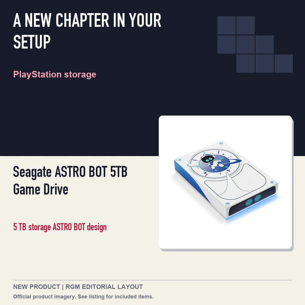 Seagate ASTRO BOT 5TB Game Drive, editorial gaming setup layout.