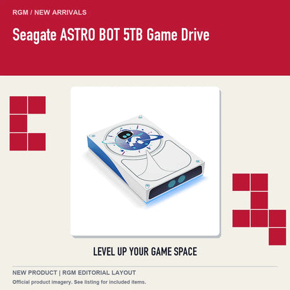 Seagate ASTRO BOT 5TB Game Drive, retro pixel product showcase.