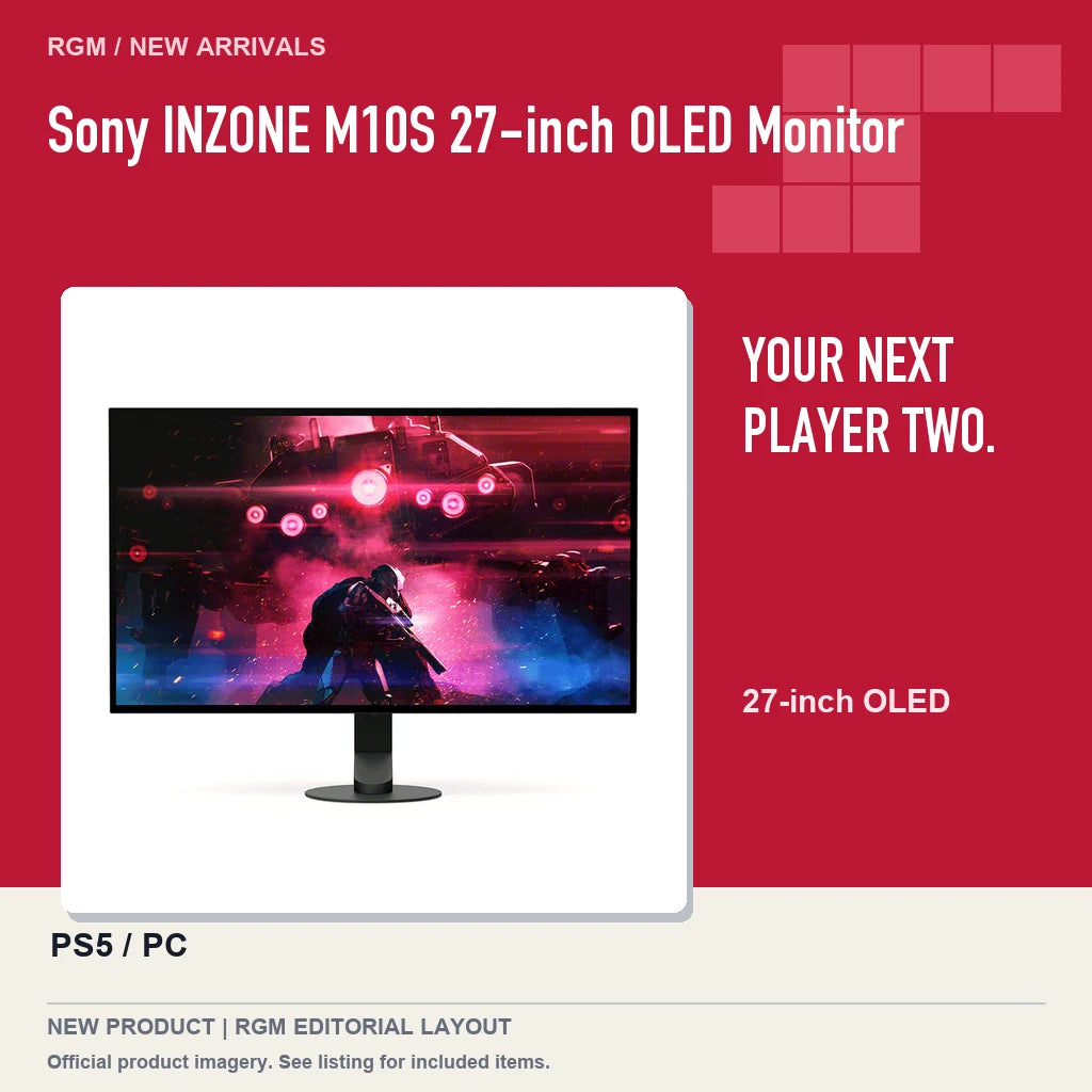 Sony INZONE M10S 27-inch OLED Monitor, red editorial product layout.