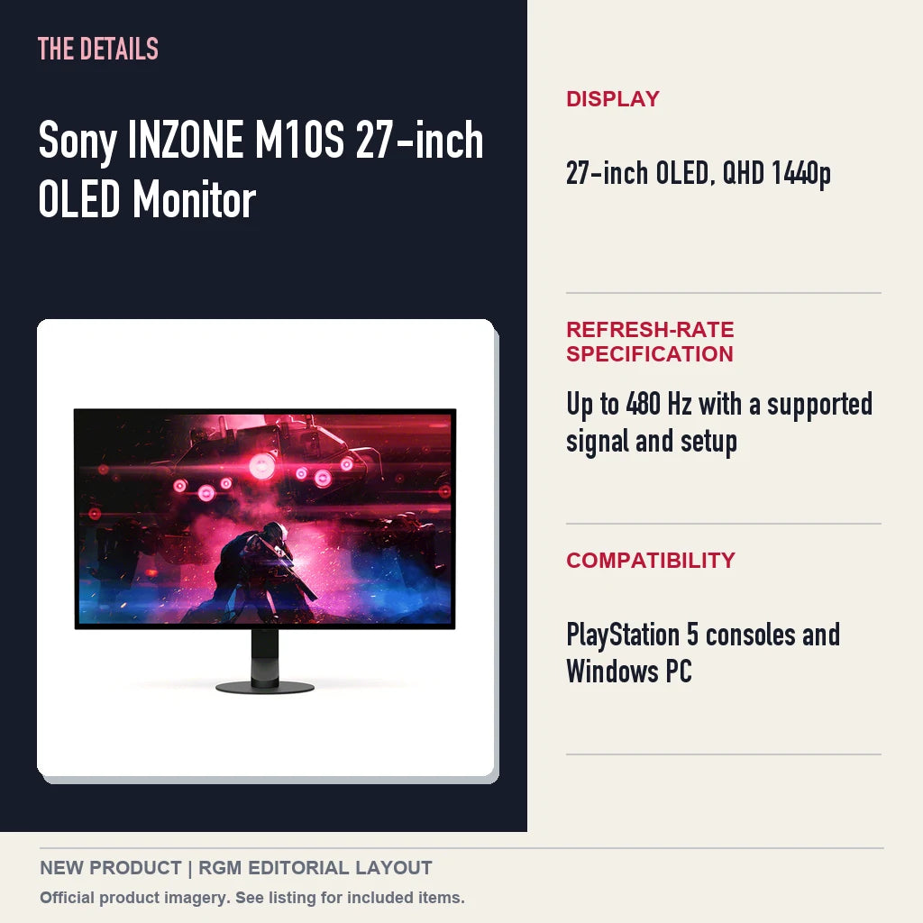 Sony INZONE M10S 27-inch OLED Monitor, specifications and product image.