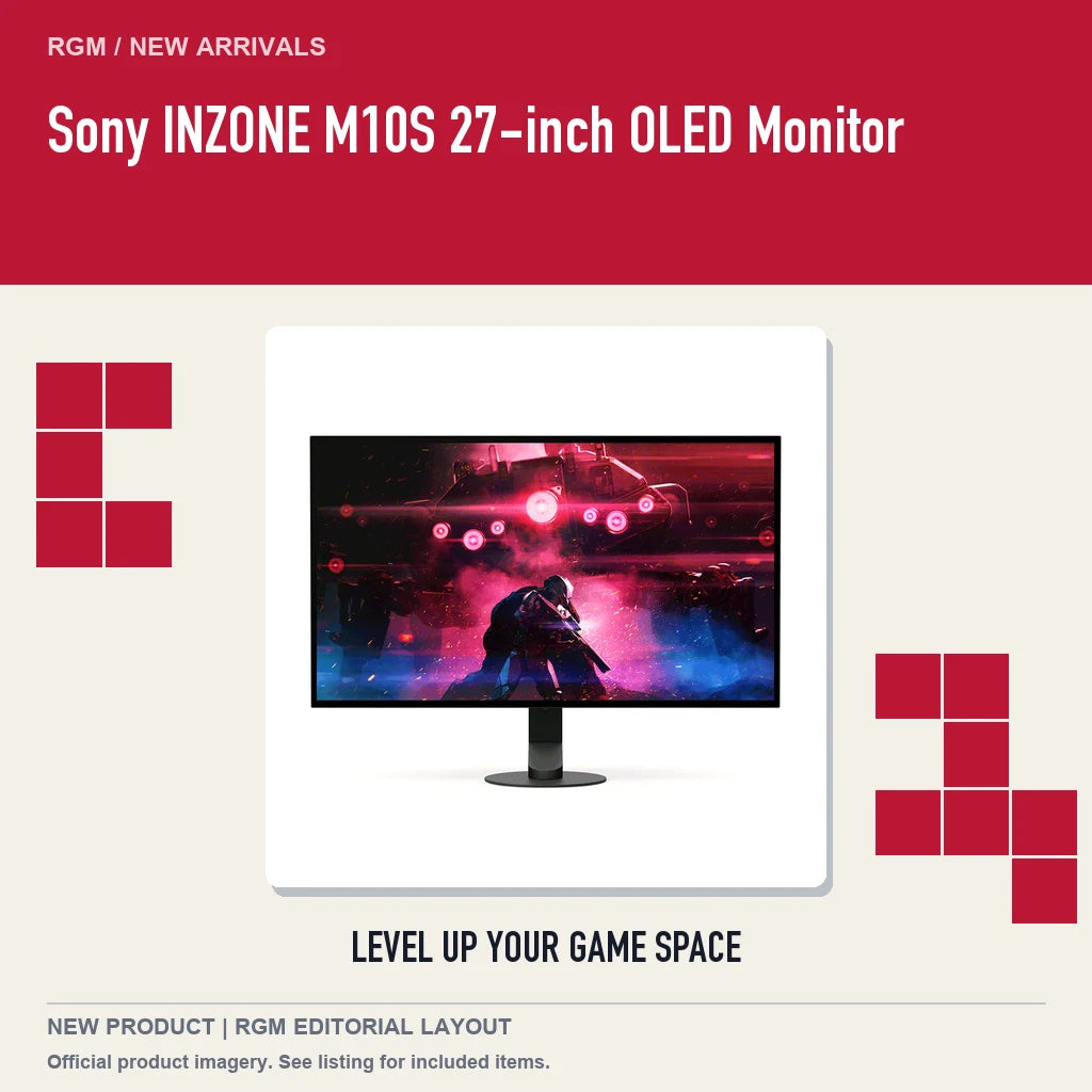 Sony INZONE M10S 27-inch OLED Monitor, retro pixel product showcase.