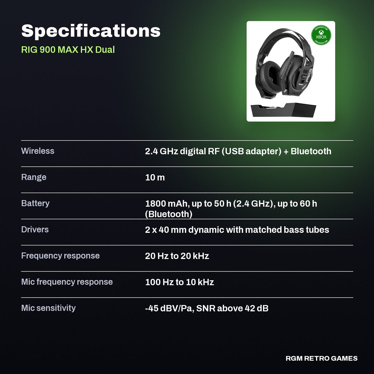 RIG 900 MAX HX Dual Wireless Gaming Headset and Base Station for Xbox specifications