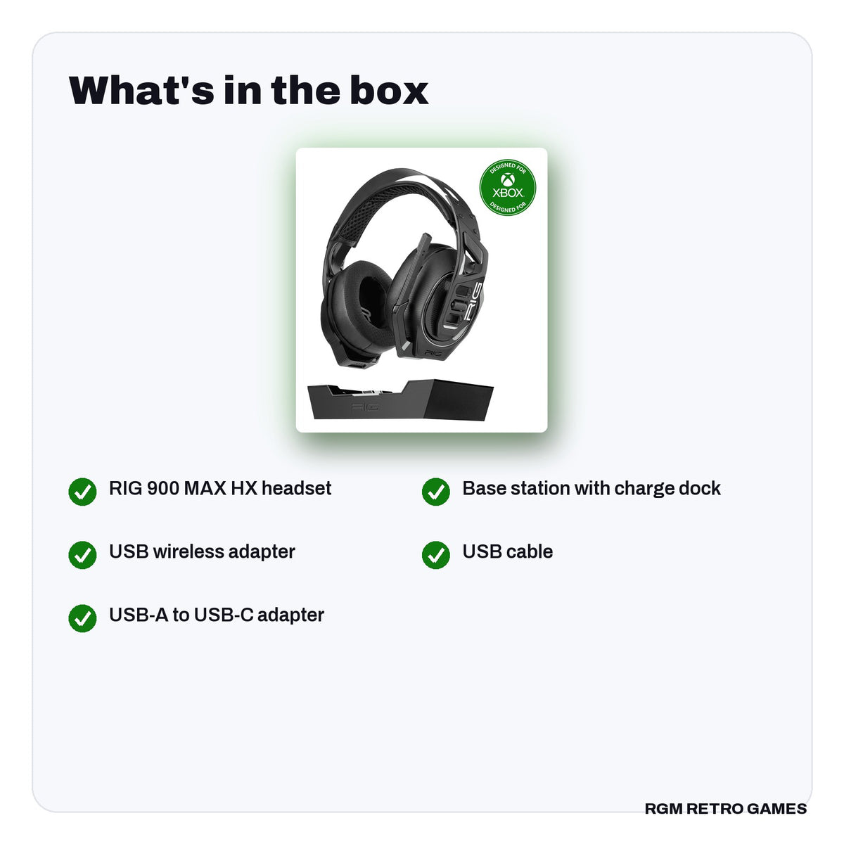 What's in the box with the RIG 900 MAX HX Dual Wireless Gaming Headset and Base Station for Xbox