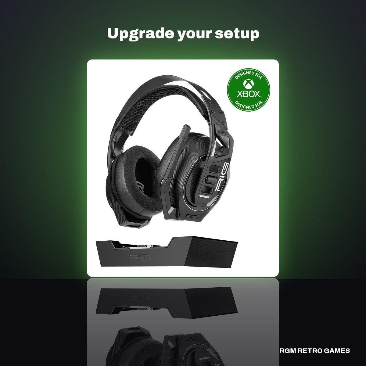 RIG 900 MAX HX Dual Wireless Gaming Headset and Base Station for Xbox in a dark studio setting