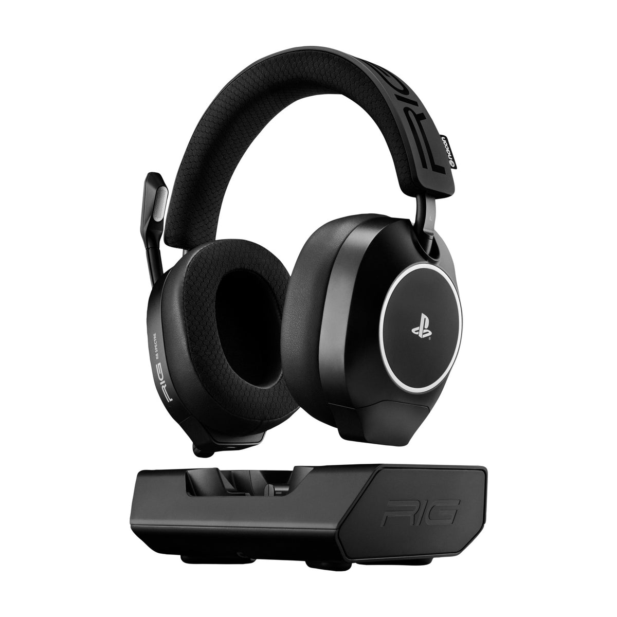 RIG R8 SPECTRE PRO HS Dual Wireless Gaming Headset with RGB Charging Base for PlayStation - Black, front view on a white background