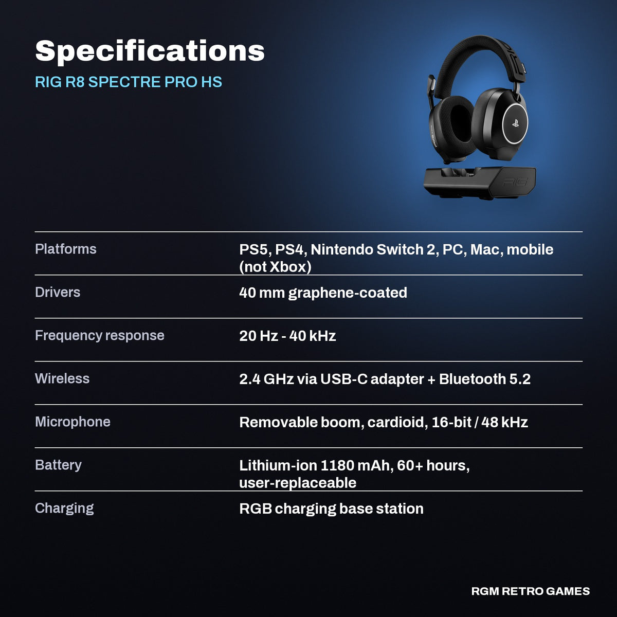 RIG R8 SPECTRE PRO HS Dual Wireless Gaming Headset with RGB Charging Base for PlayStation - Black specifications