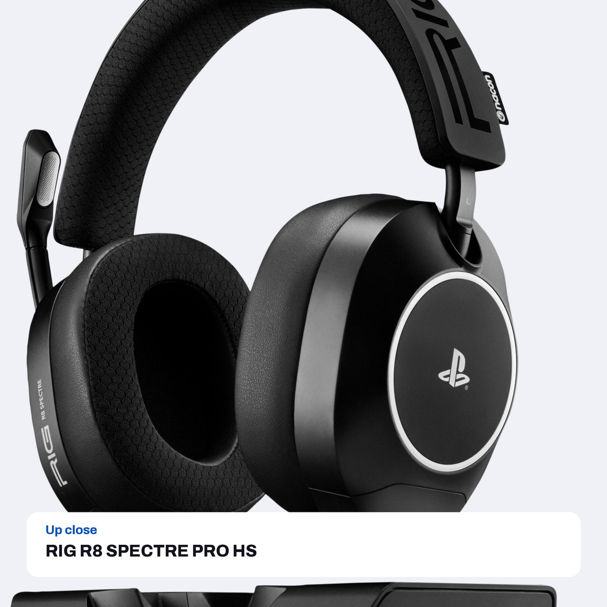 RIG R8 SPECTRE PRO HS Dual Wireless Gaming Headset with RGB Charging Base for PlayStation - Black, close-up detail