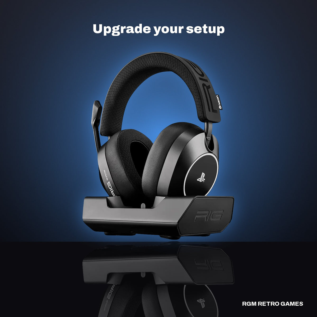 RIG R8 SPECTRE PRO HS Dual Wireless Gaming Headset with RGB Charging Base for PlayStation - Black in a dark studio setting