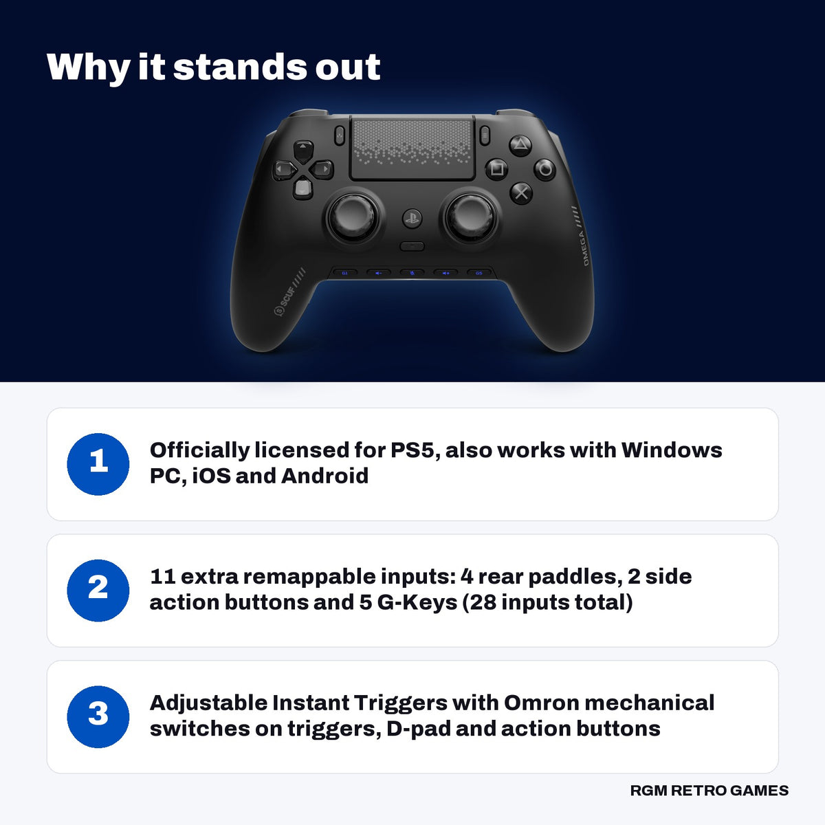 SCUF Omega Wireless Performance Controller for PS5 & PC (Black) key features: Officially licensed for PS5, also works with Windows PC, iOS and Android, 11 extra remappable inputs: 4 rear paddles, 2 side action buttons and 5 G-Keys (28 inputs total), Adjustable Instant Triggers with Omron mechanical switches on triggers, D-pad and action buttons