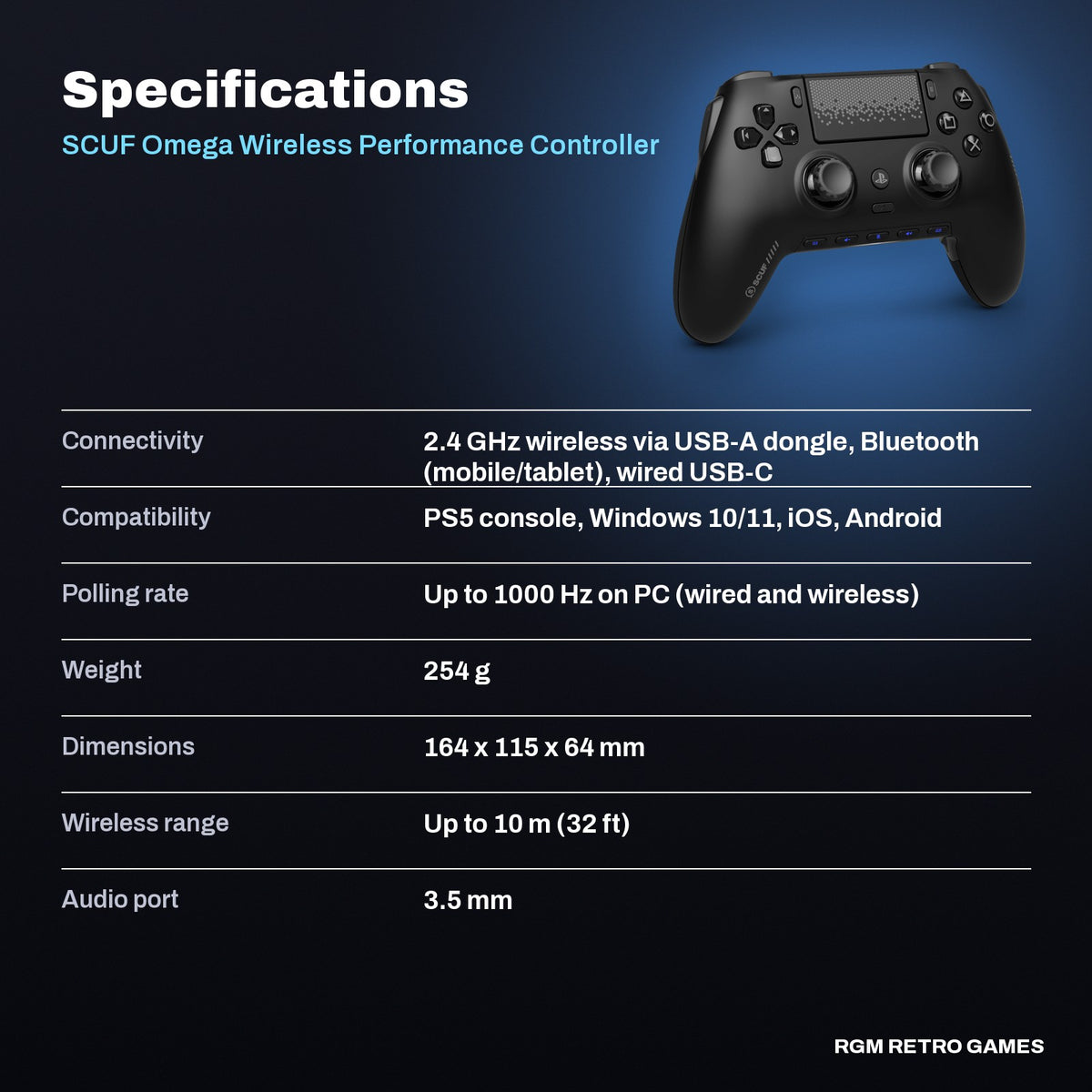 SCUF Omega Wireless Performance Controller for PS5 & PC (Black) specifications
