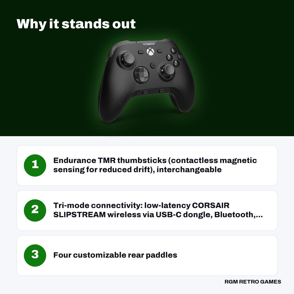SCUF Valor Pro Wireless Performance Controller for Xbox Series X|S, Xbox One and PC (Black) key features: Endurance TMR thumbsticks (contactless magnetic sensing for reduced drift), interchangeable, Tri-mode connectivity: low-latency CORSAIR SLIPSTREAM wireless via USB-C dongle, Bluetooth,..., Four customizable rear paddles