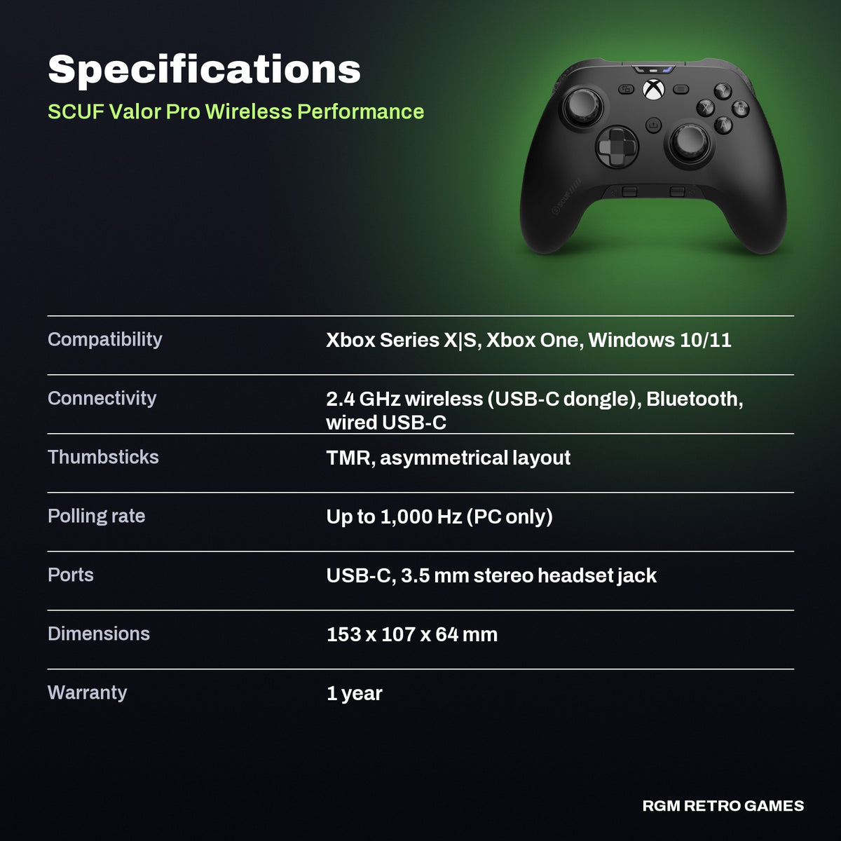 SCUF Valor Pro Wireless Performance Controller for Xbox Series X|S, Xbox One and PC (Black) specifications