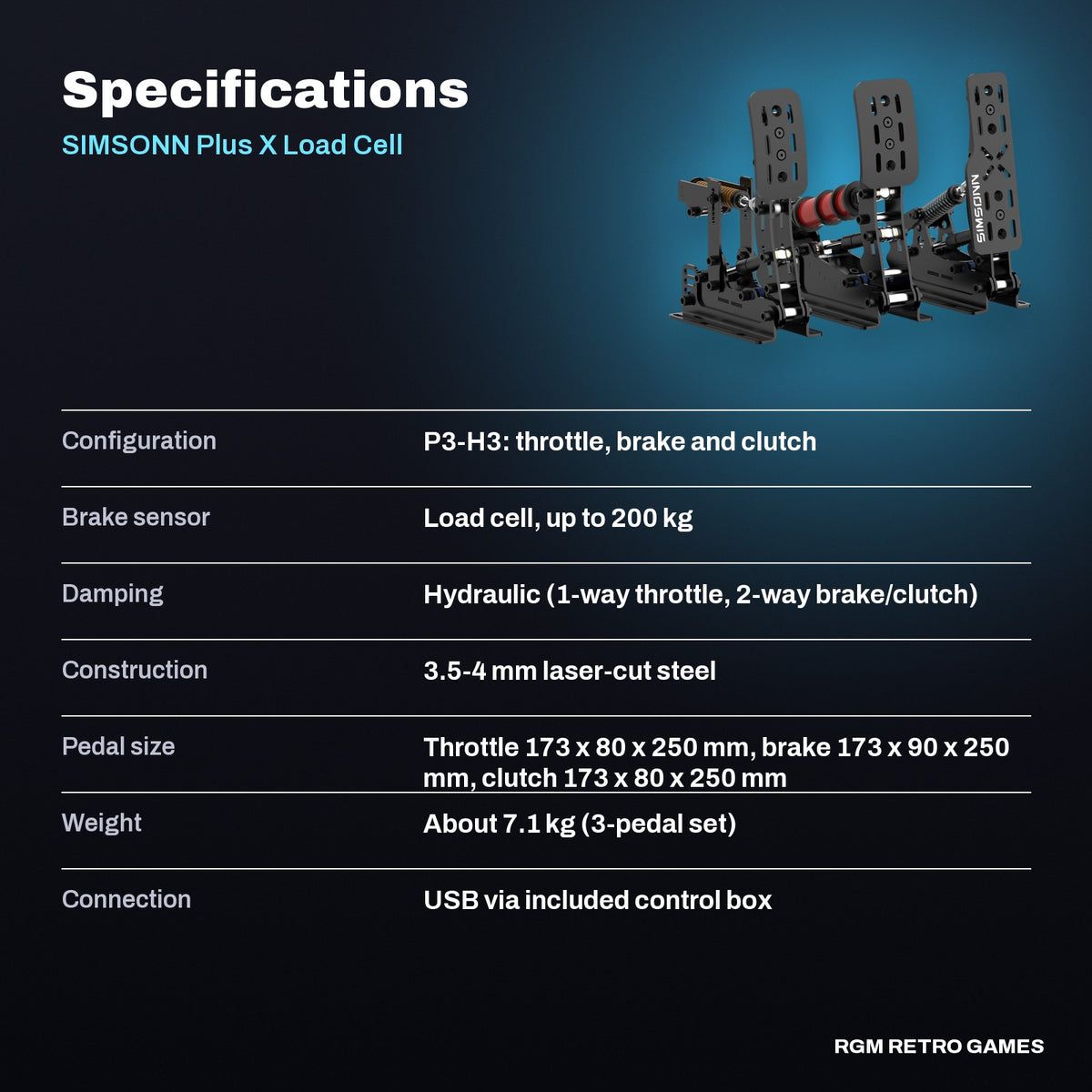 SIMSONN Plus X Load Cell Sim Racing Pedals with Hydraulic Damping - 3-Pedal Set (P3-H3), Black specifications