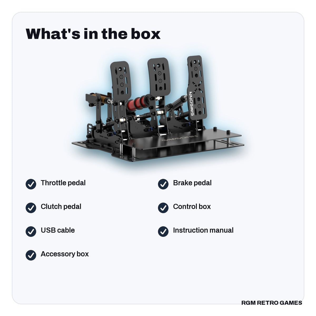What's in the box with the SIMSONN Plus X Load Cell Sim Racing Pedals with Hydraulic Damping - 3-Pedal Set (P3-H3), Black