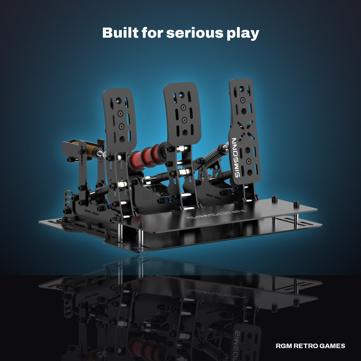 SIMSONN Plus X Load Cell Sim Racing Pedals with Hydraulic Damping - 3-Pedal Set (P3-H3), Black in a dark studio setting