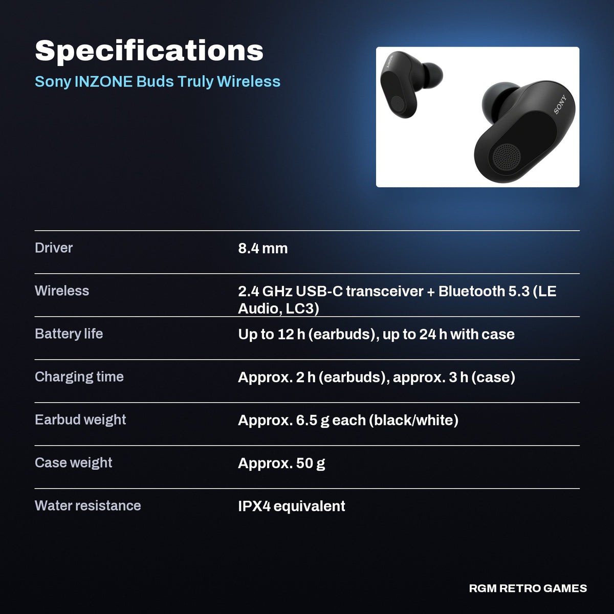 Sony INZONE Buds Truly Wireless Noise Canceling Gaming Earbuds - Black specifications