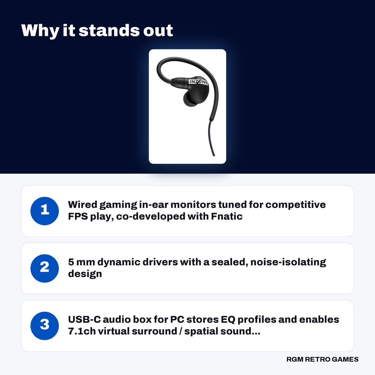 Sony INZONE E9 Wired In-Ear Monitor for Gaming - Black key features: Wired gaming in-ear monitors tuned for competitive FPS play, co-developed with Fnatic, 5 mm dynamic drivers with a sealed, noise-isolating design, USB-C audio box for PC stores EQ profiles and enables 7.1ch virtual surround / spatial sound...