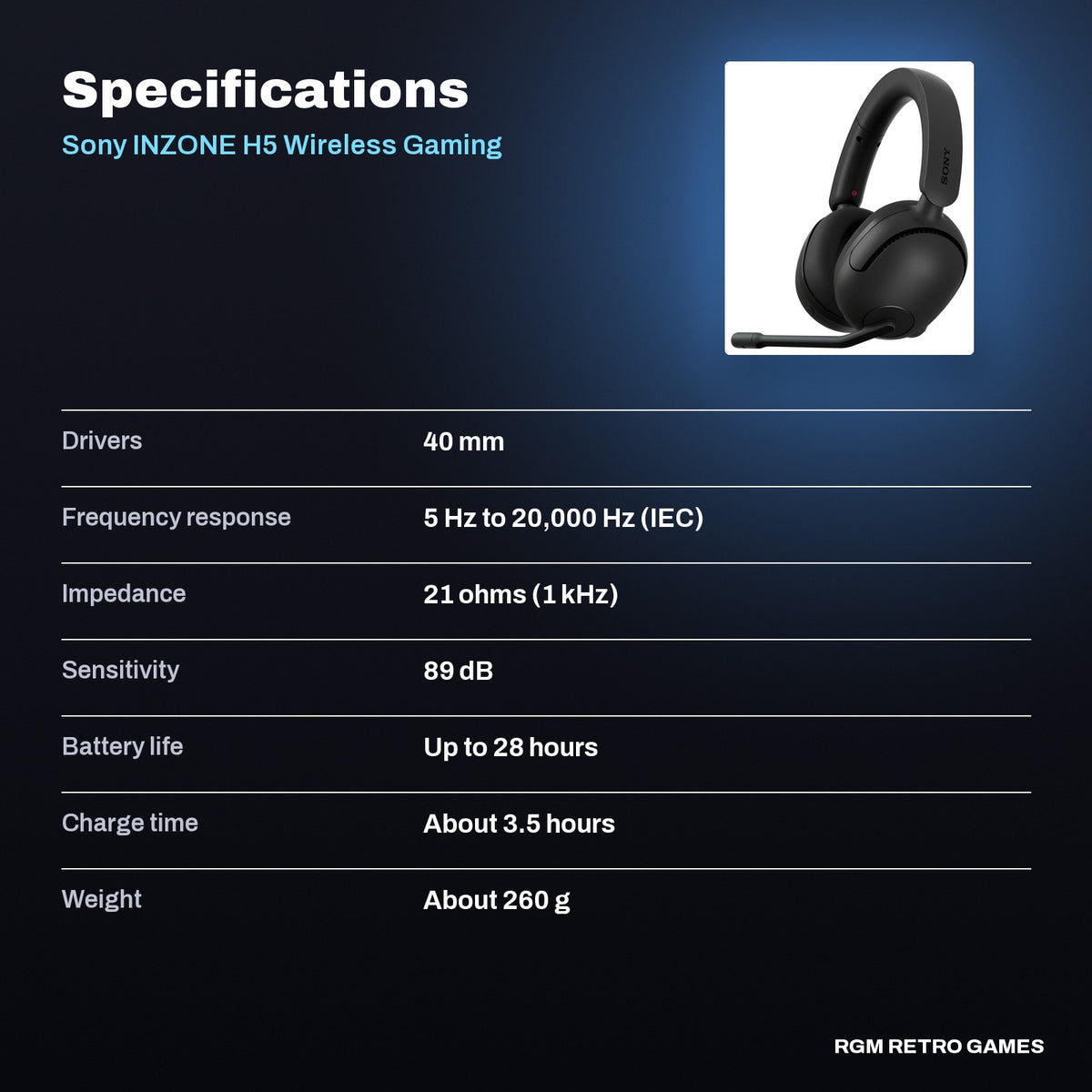 Sony INZONE H5 Wireless Gaming Headset (WH-G500, Black) specifications