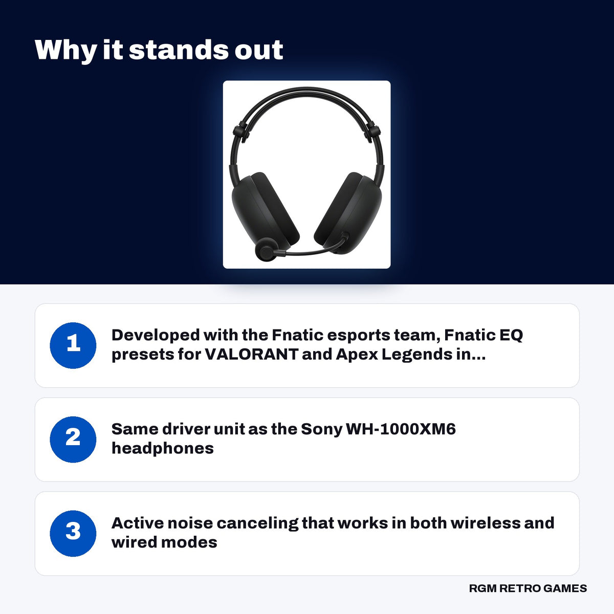 Sony INZONE H9 II Wireless Noise Canceling Gaming Headset - Black key features: Developed with the Fnatic esports team, Fnatic EQ presets for VALORANT and Apex Legends in..., Same driver unit as the Sony WH-1000XM6 headphones, Active noise canceling that works in both wireless and wired modes