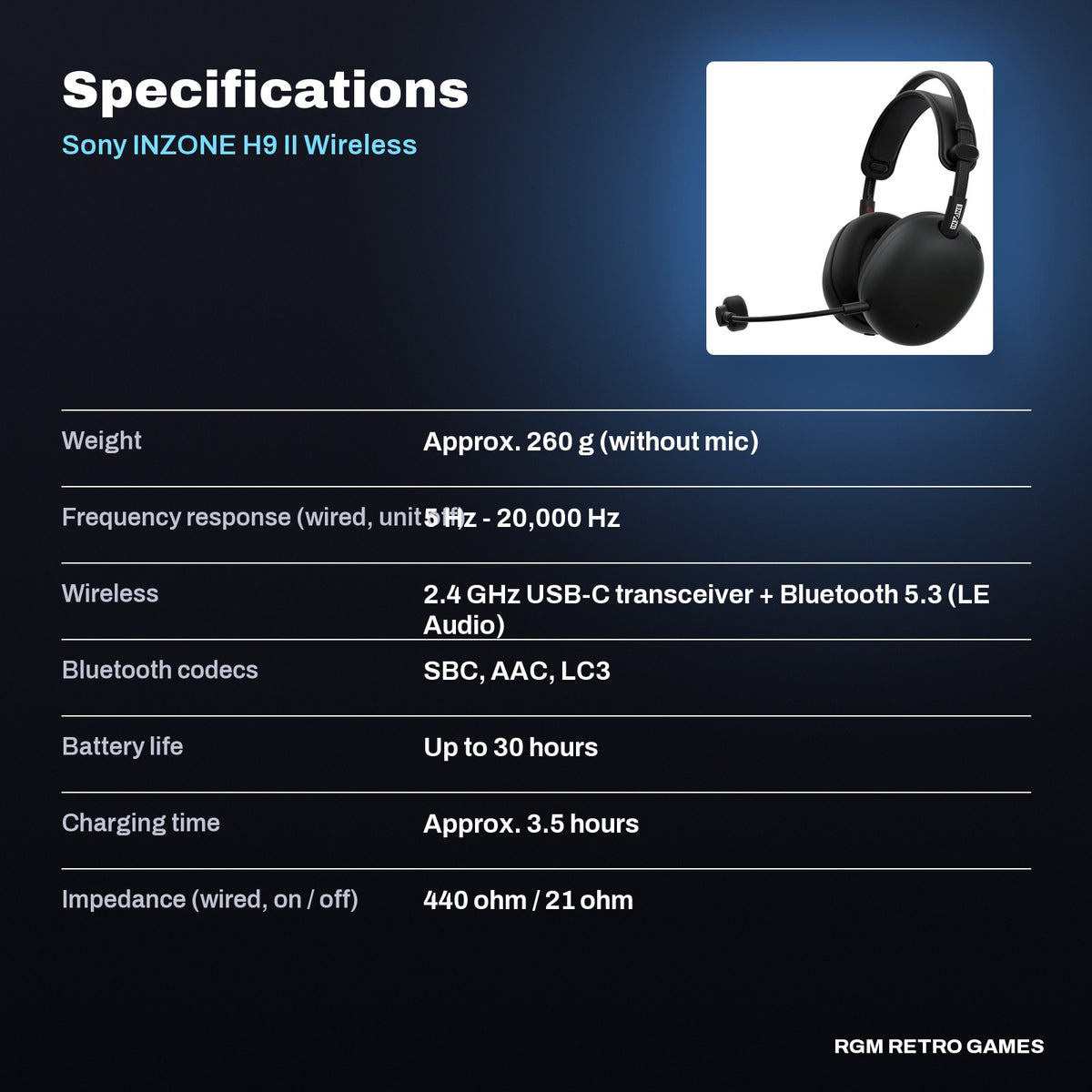 Sony INZONE H9 II Wireless Noise Canceling Gaming Headset - Black specifications