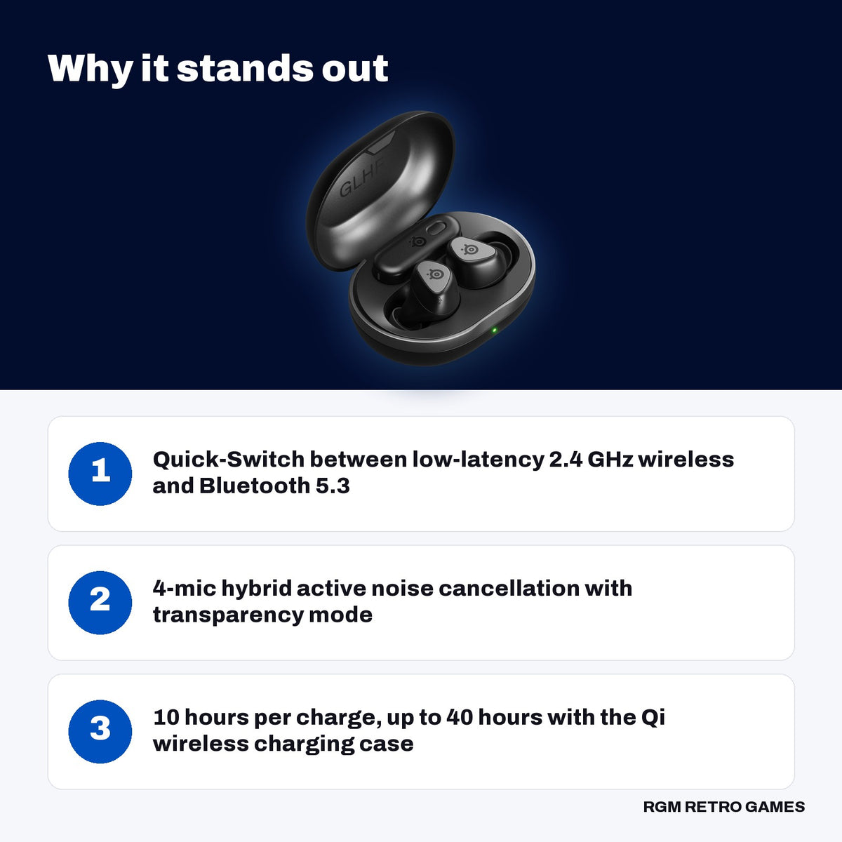 SteelSeries Arctis GameBuds Wireless Gaming Earbuds for PlayStation - Black key features: Quick-Switch between low-latency 2.4 GHz wireless and Bluetooth 5.3, 4-mic hybrid active noise cancellation with transparency mode, 10 hours per charge, up to 40 hours with the Qi wireless charging case
