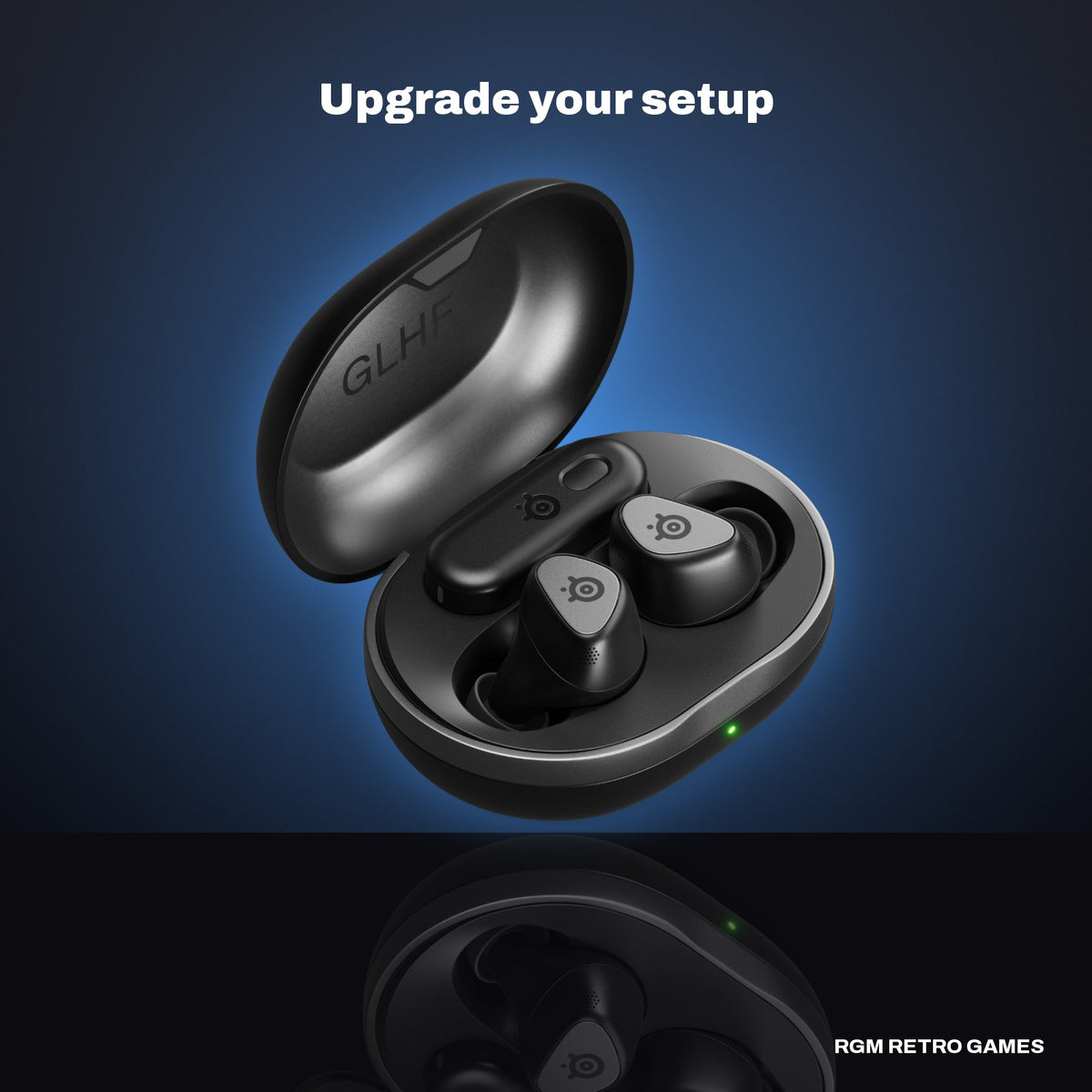 SteelSeries Arctis GameBuds Wireless Gaming Earbuds for PlayStation - Black in a dark studio setting