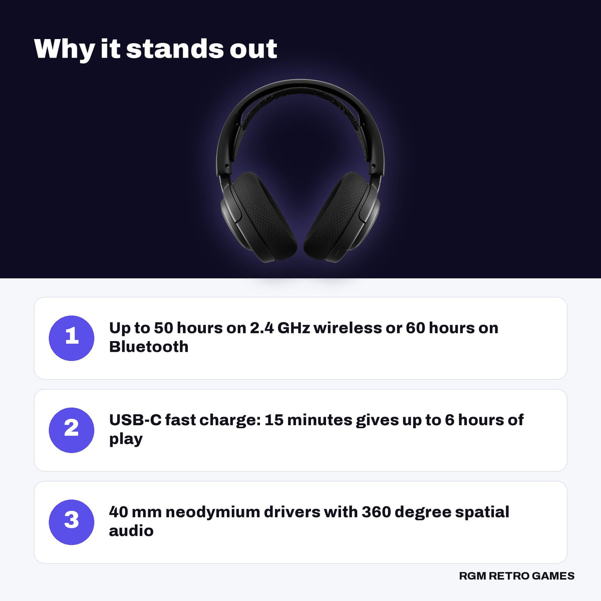 SteelSeries Arctis Nova 5 Wireless Multi-System Gaming Headset - Black key features: Up to 50 hours on 2.4 GHz wireless or 60 hours on Bluetooth, USB-C fast charge: 15 minutes gives up to 6 hours of play, 40 mm neodymium drivers with 360 degree spatial audio