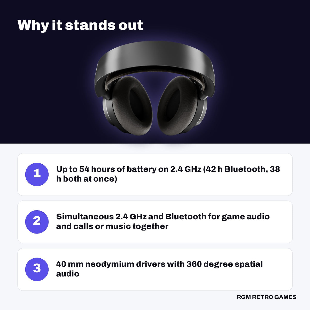 SteelSeries Arctis Nova 7 Wireless Gen 2 Multi-System Gaming Headset - Black key features: Up to 54 hours of battery on 2.4 GHz (42 h Bluetooth, 38 h both at once), Simultaneous 2.4 GHz and Bluetooth for game audio and calls or music together, 40 mm neodymium drivers with 360 degree spatial audio