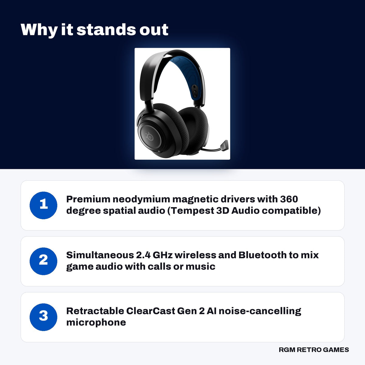 SteelSeries Arctis Nova 7P Wireless Multi-Platform Gaming Headset - Black key features: Premium neodymium magnetic drivers with 360 degree spatial audio (Tempest 3D Audio compatible), Simultaneous 2.4 GHz wireless and Bluetooth to mix game audio with calls or music, Retractable ClearCast Gen 2 AI noise-cancelling microphone